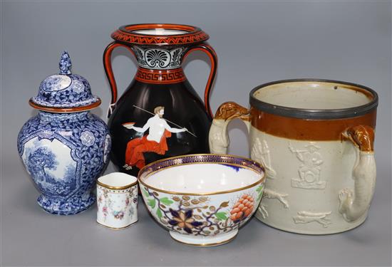 A 19th century Lambeth ware tyg, a Paris porcelain Grecian revival vase and three other pieces tallest 23cm